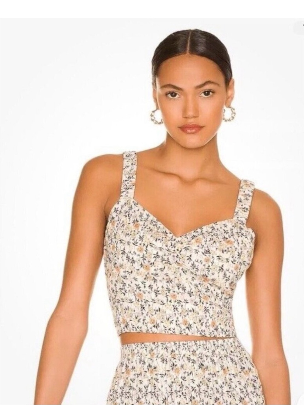 MINKPINK Cream Floral Bustier Crop Top with Yellow and Navy Accents